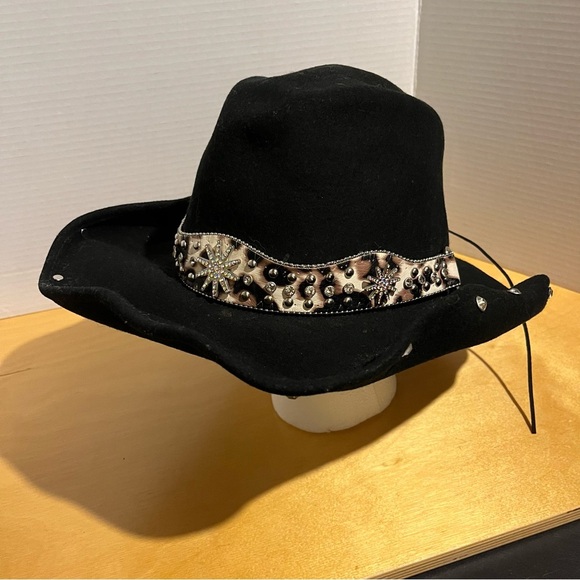 Bullhide Rodeo Cowgirl Hat Large Black Cheetah Animal Print Band Rhinestones - Picture 1 of 14